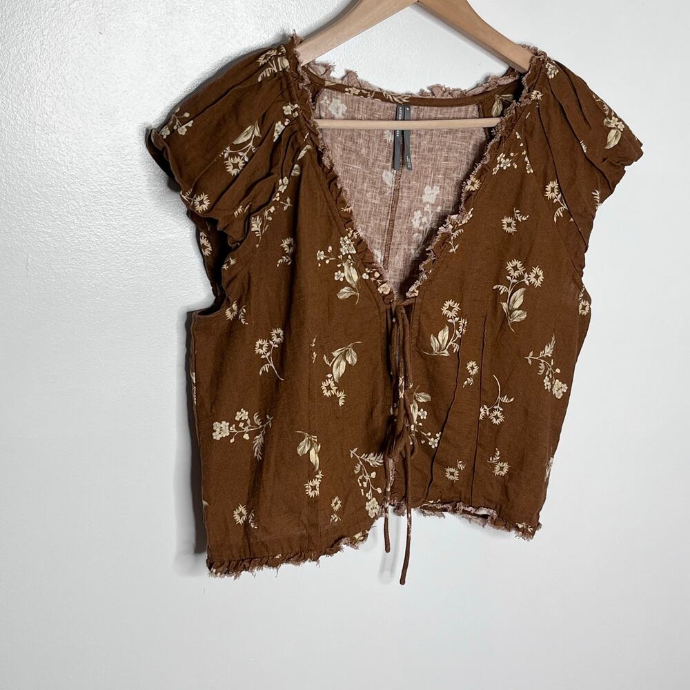 Anthropologie Brown Floral Linen Cotton Tie Front Puff Sleeve Crop Top M - Picture 4 of 11